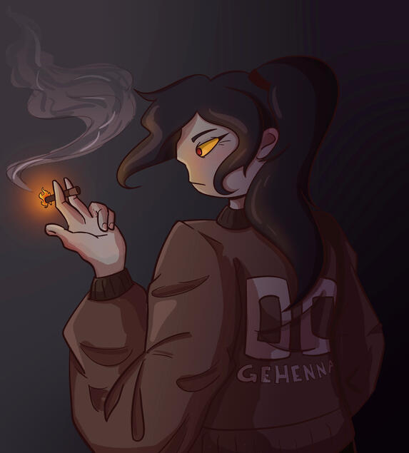 A bust of a woman in a letterman jacket holding a cigarette. She has black hair tied into a ponytail with yellow and red eyes. Her skin is gray and she has a sour expression on her face.