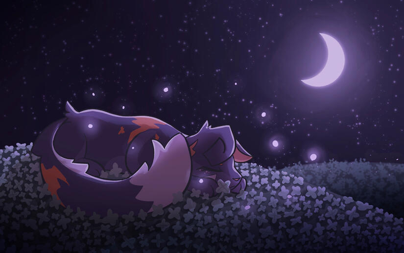 A scene of a black cat with orange and white markings sleeping in a field of clovers. It is night but the violet moon and fireflies light up the cat.