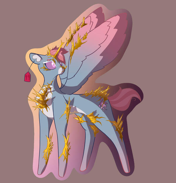 A digital drawing of a unicorn with wings, but its golden horn is growing around it like a fungus.