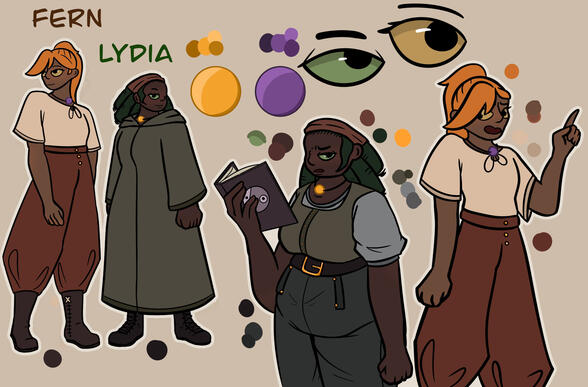 Digital art references for two characters. One character, Fern, has tan skin, a white blouse, red pants, and orange hair. The other, Lydia, has dark skin and dark green hair. Lydia has two outfits; a green robe and a blouse beneath a vest with dress pants.